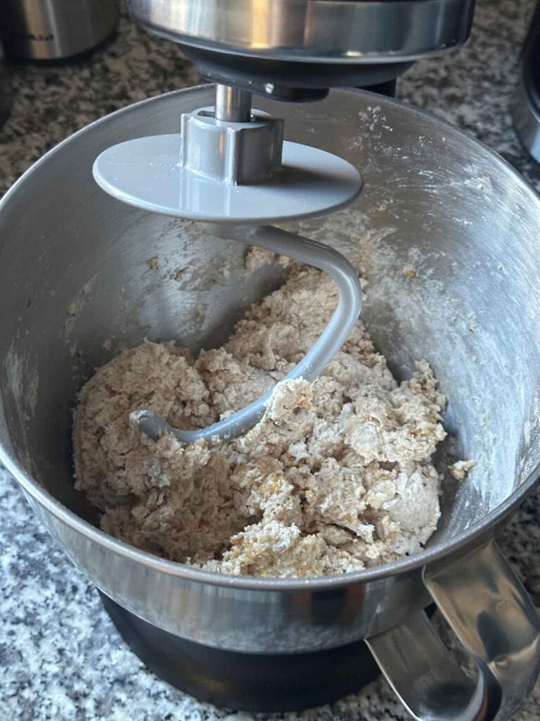 Multigrain no knead bread dough in a standing mixer showing the texture of the dough.