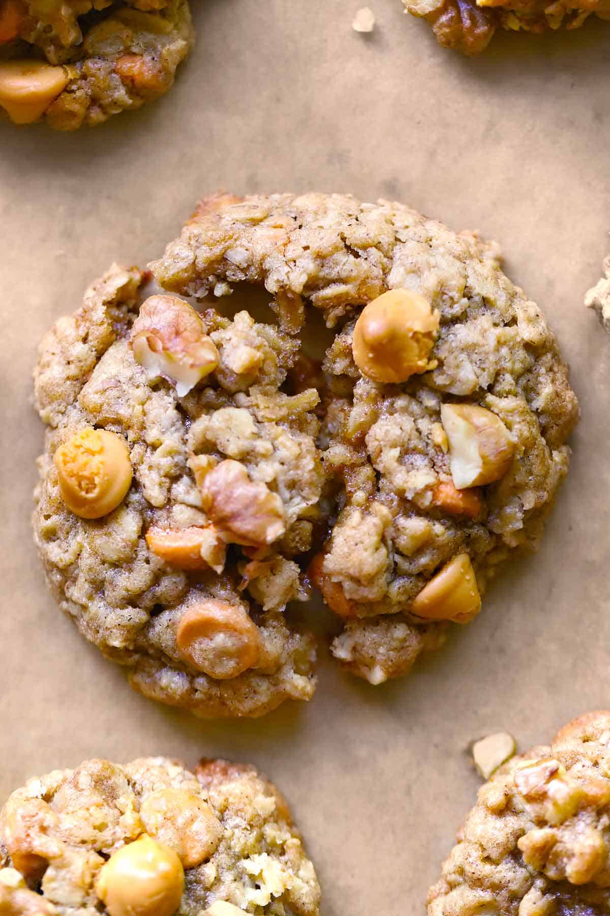 Close up overhead photo of an oatmeal butterscotch cookie with walnuts broken in half to show texture on brown parchment paper.