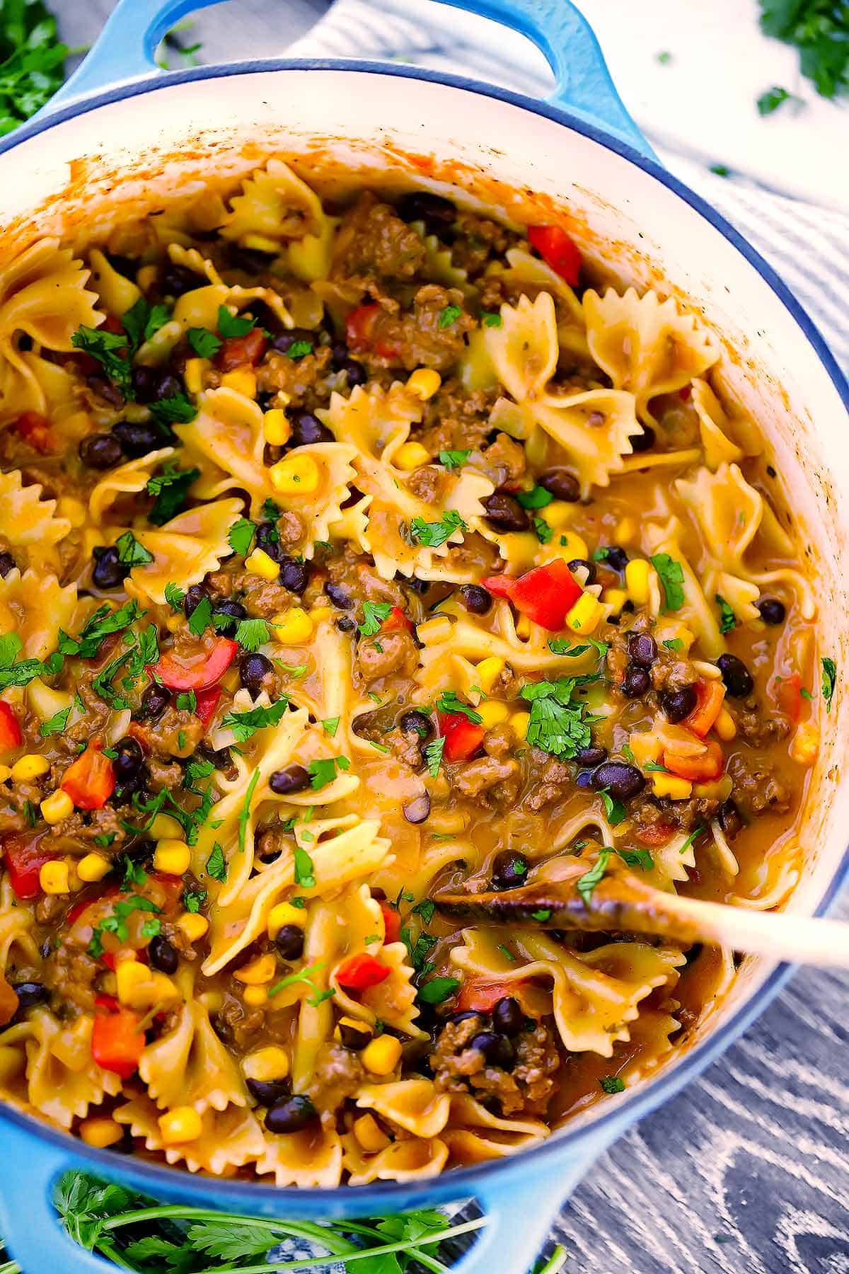 Close-up photo of one pot taco pasta in a Dutch oven.