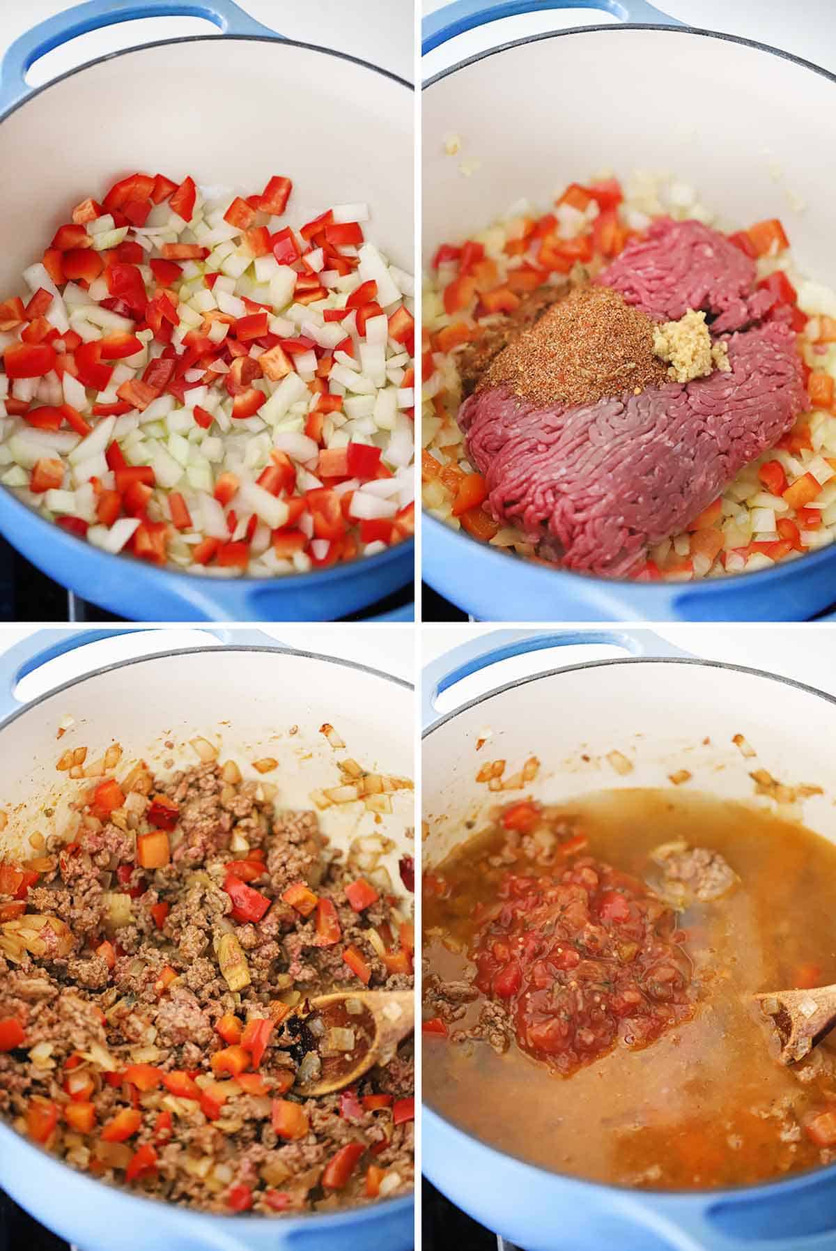 Process collage showing cooking peppers and onions in a dutch oven, adding ground beef, seasoning, and salsa.