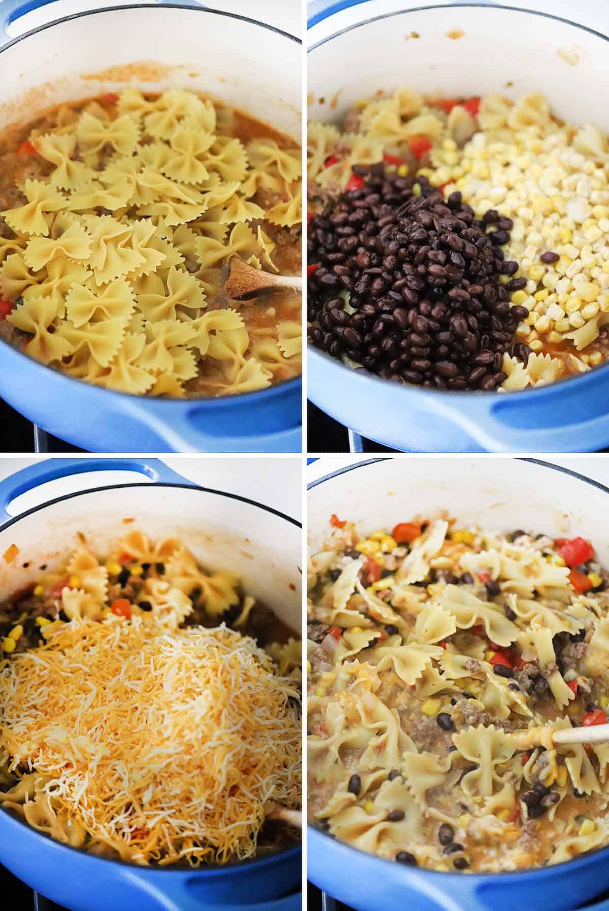 Process collage showing adding dry pasta, black beans, corn, and cheese to make taco pasta.