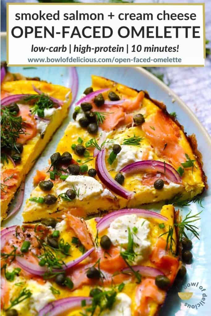 Pinterest image for open-faced omelette with smoked salmon and cream cheese.