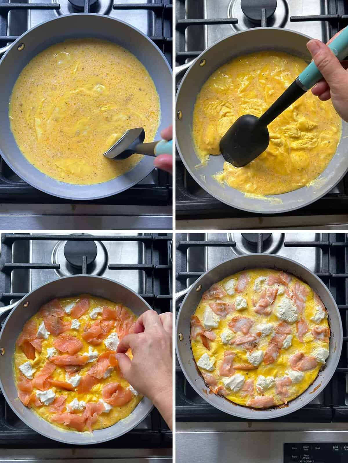 Process collage showing how to half scramble eggs, top with smoked salmon and cream cheese, and continue cooking to make an open faced omelette or stovetop frittata.