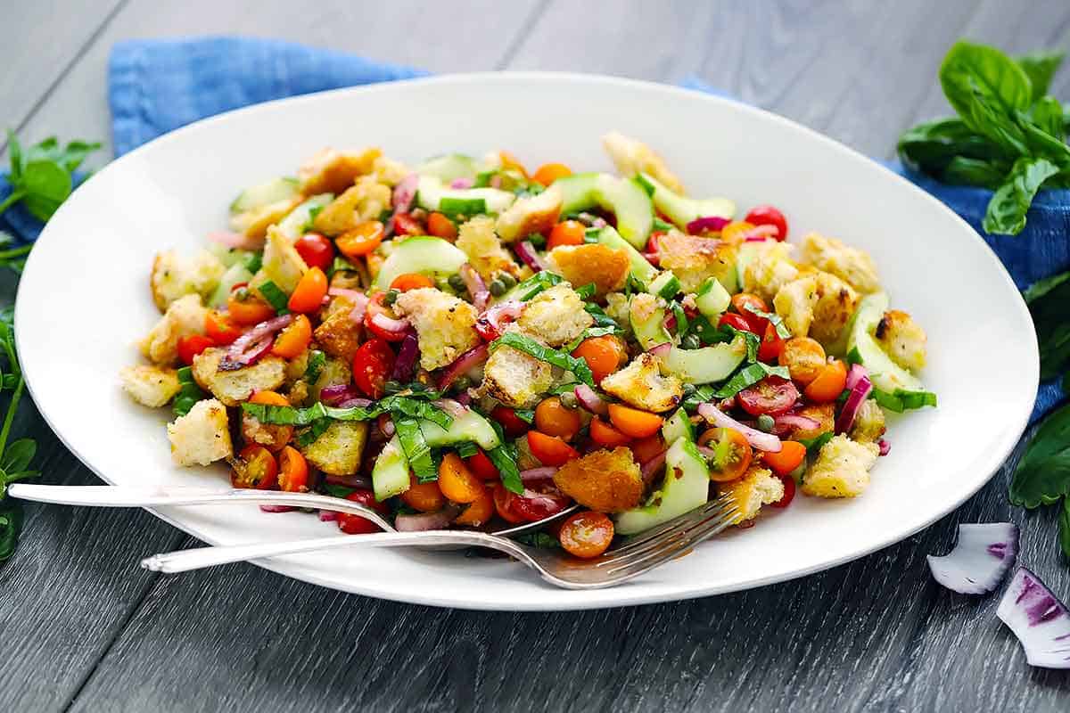 A platter of panzanella salad.