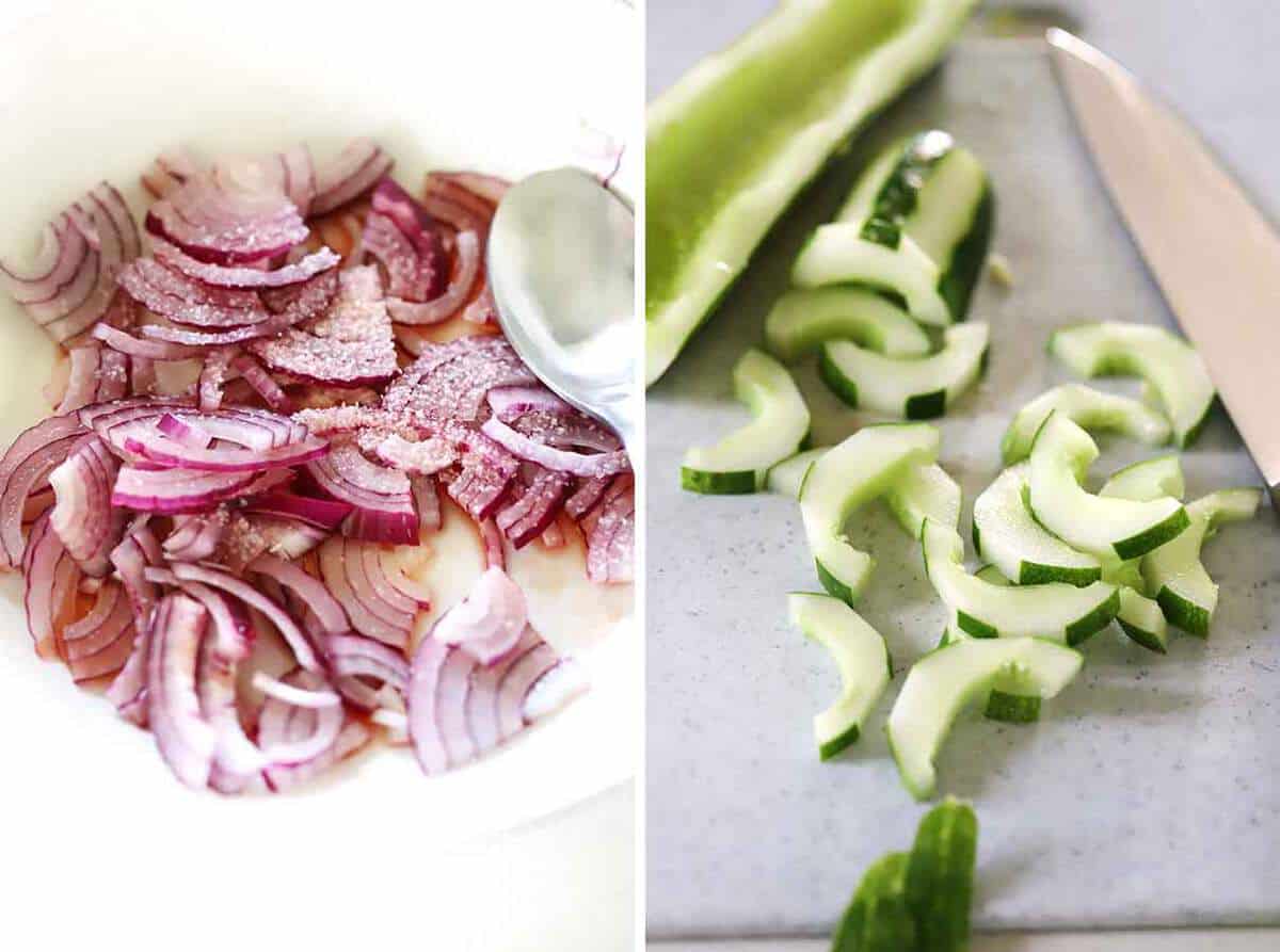 Macerated red onions and sliced cucumbers