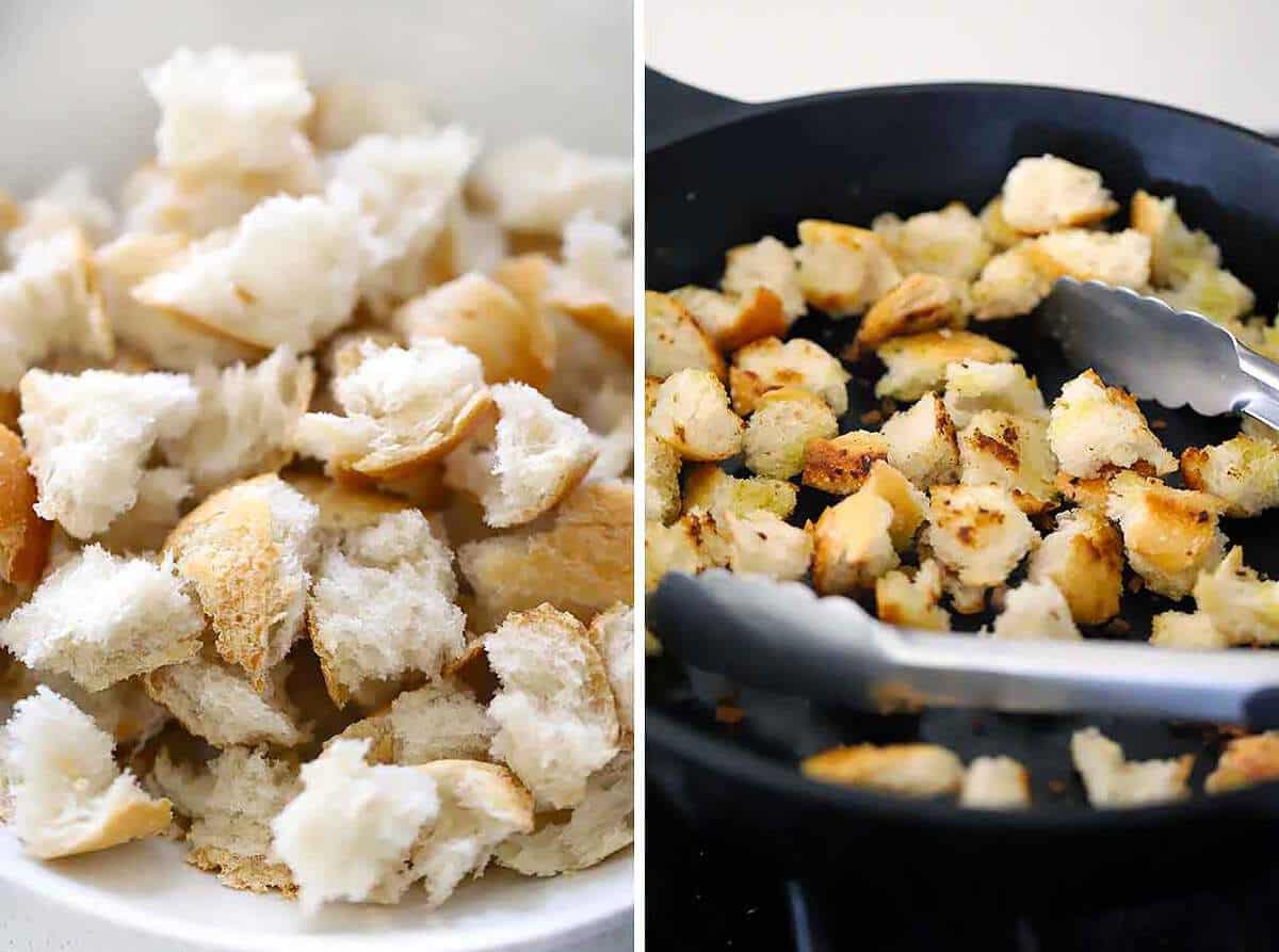 How to toast bread for panzanella or croutons in a skillet with olive oil