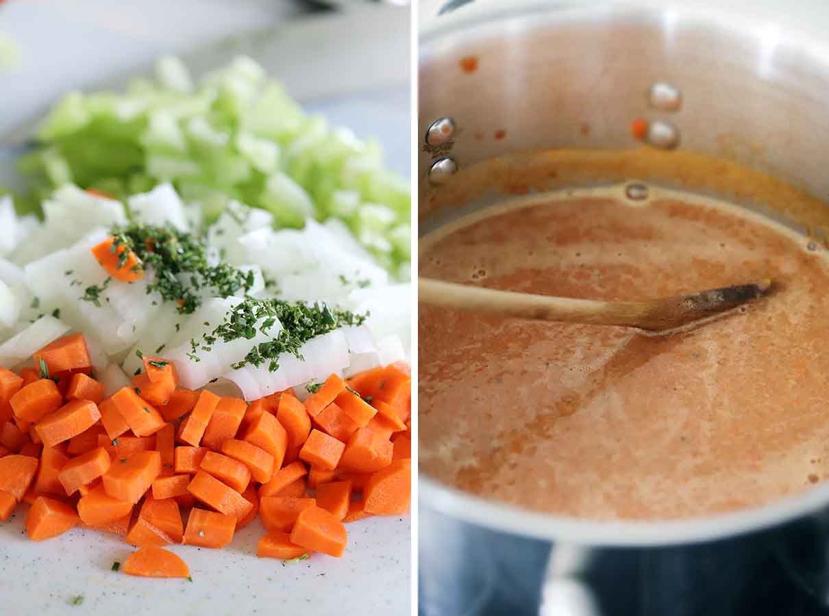 Carrots, onions, celery, and rosemary, and a pot of pureed vegetables and beans.