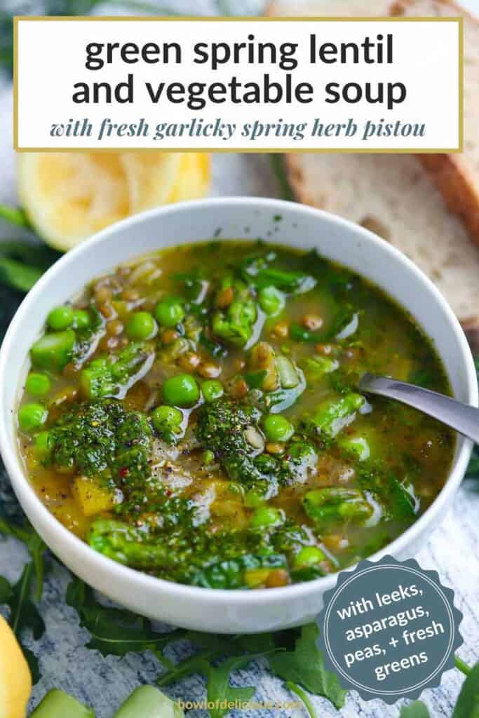 Pinterest image for spring lentil vegetable soup.