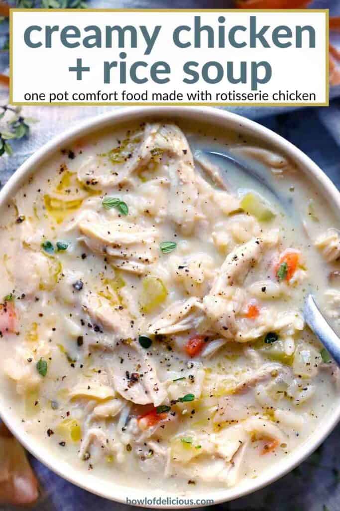 Pinterest image for creamy chicken rice soup.
