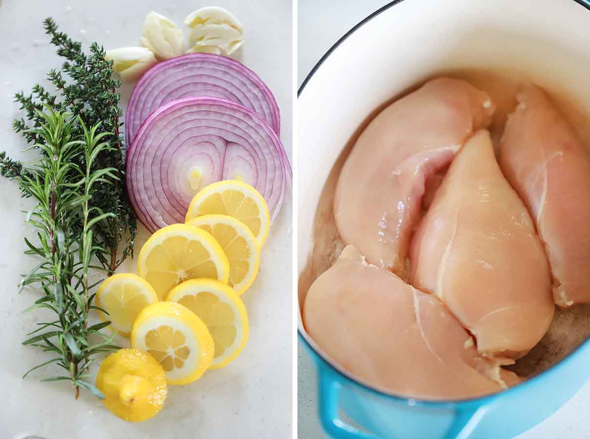 Fresh rosemary and thyme, smashed garlic cloves, sliced red onion, and lemon on the left, with chicken breasts in a pot on the right.