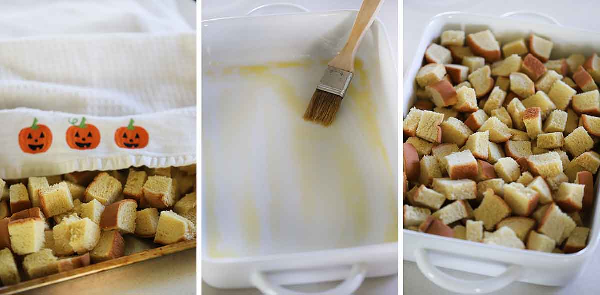 Process collage showing drying out brioche bread, buttering a 9 x 13 baking dish, and adding bread to dish.