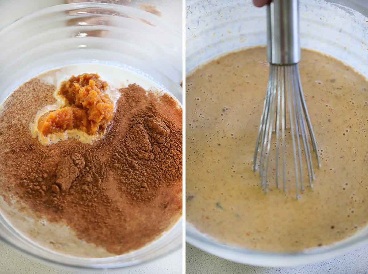 Process collage showing mixing the custard for pumpkin french toast casserole.