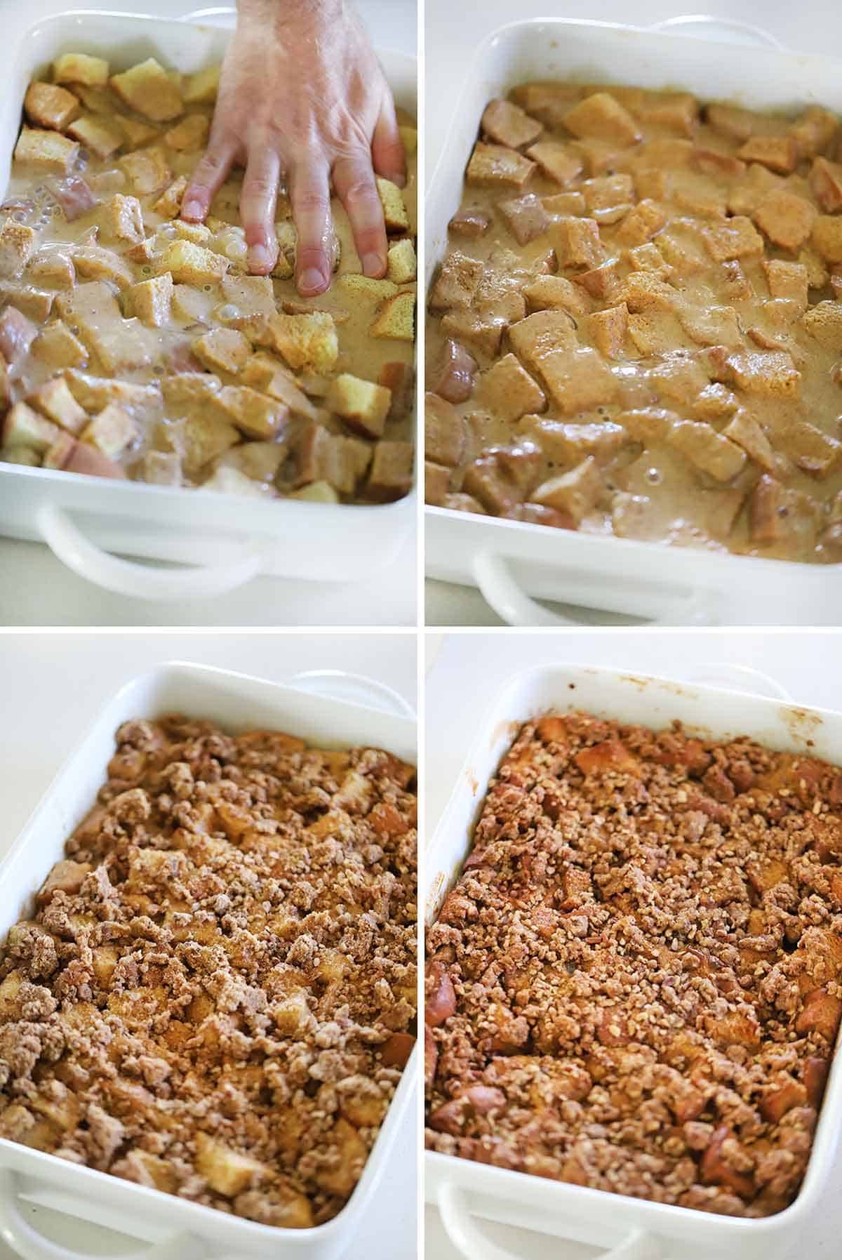 Process collage showing how to assemble french toast casserole.