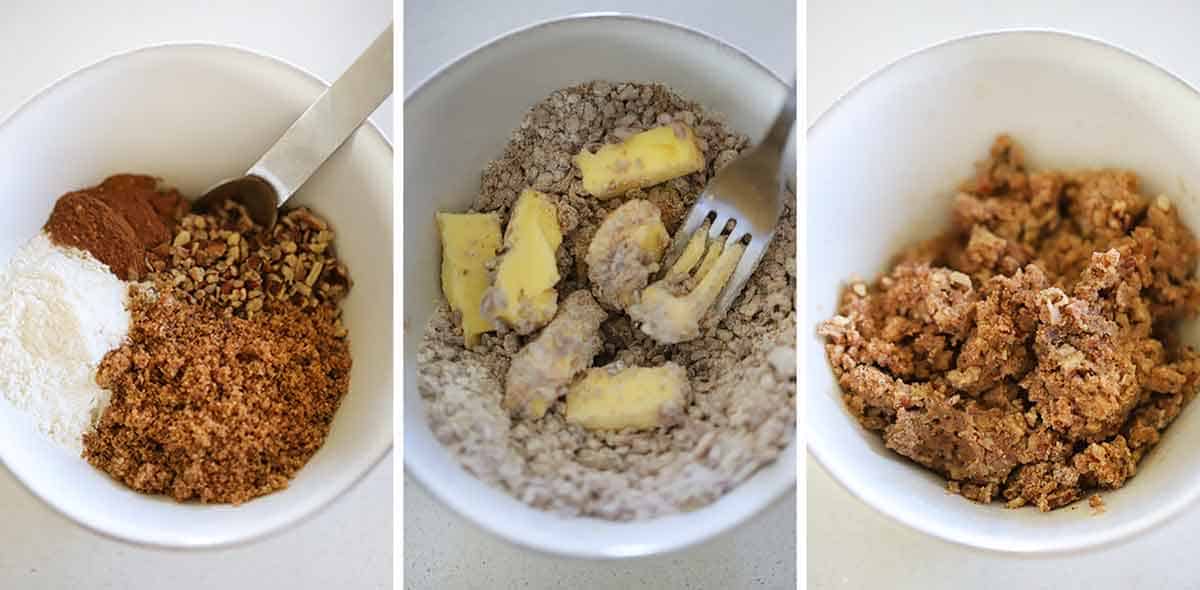 Process collage showing how to make pecan streusel topping.