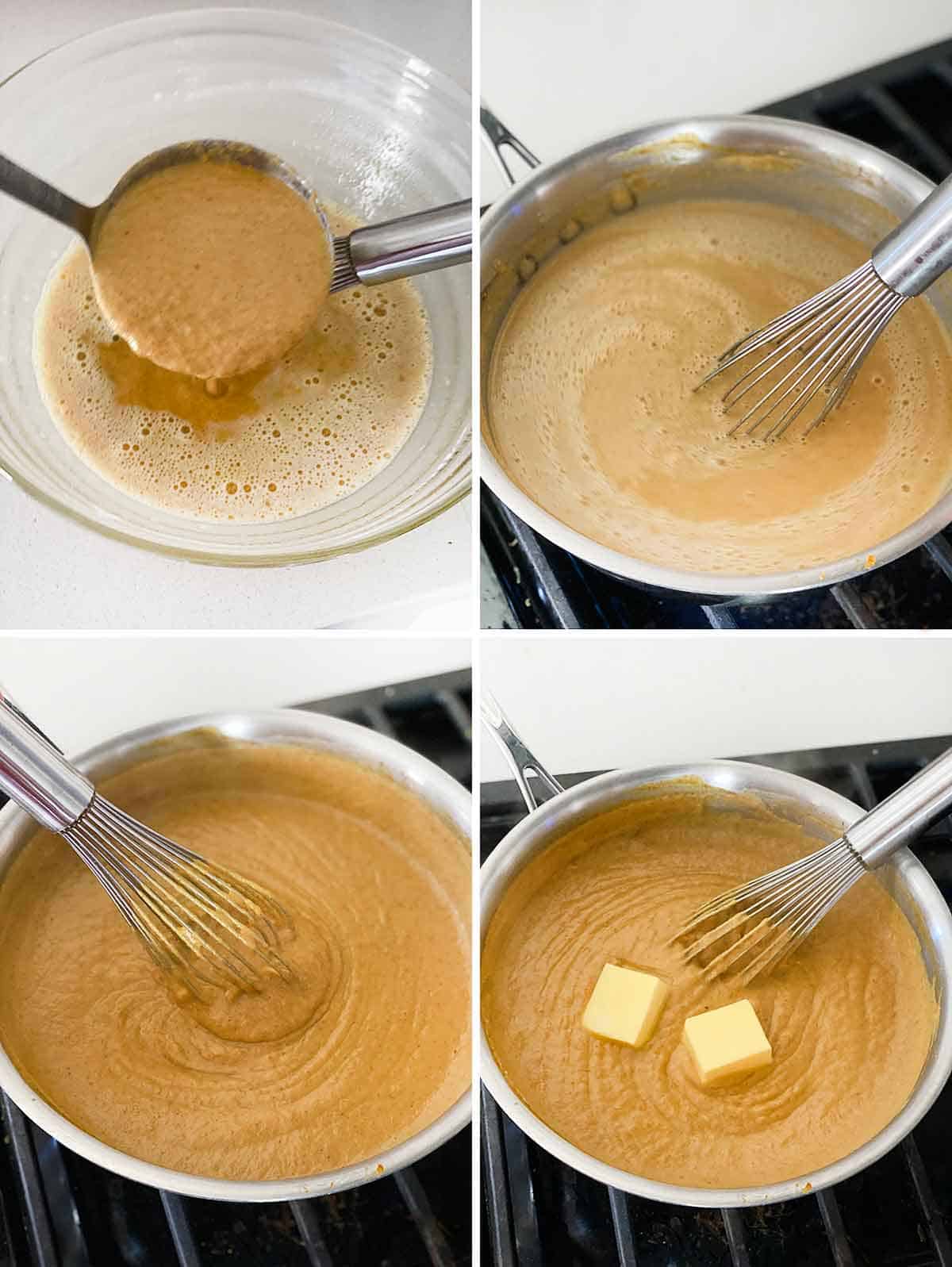 Process collage showing tempering egg custard to make pumpkin pudding.