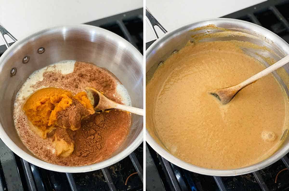 Process collage showing mixing pumpkin puree, milk, and pumpkin pie spice in a pot.
