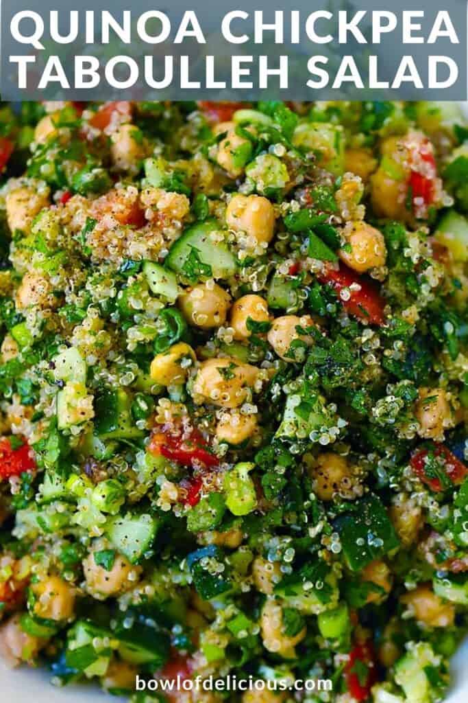 Pinterest image for Quinoa chickpea tabbouleh salad.