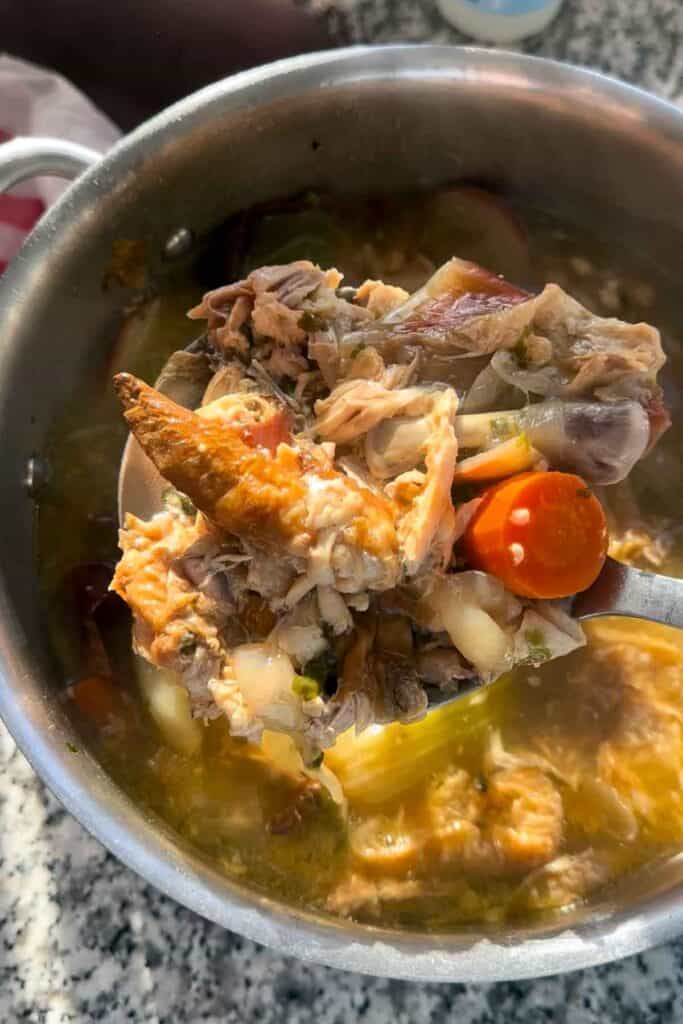 Homemade chicken bone broth, with the solids from the chicken carcasses and vegetables still in, before straining.