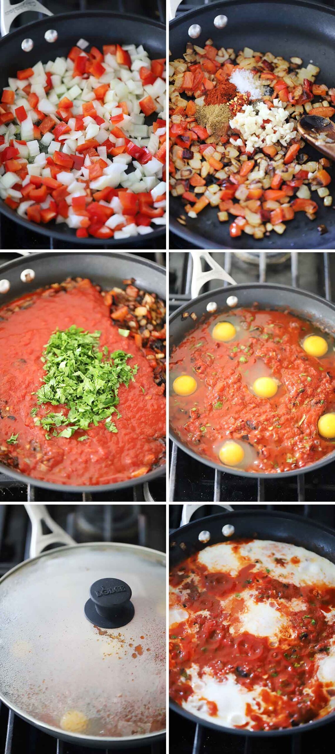 A process collage showing how to make Shakshuka in a skillet.