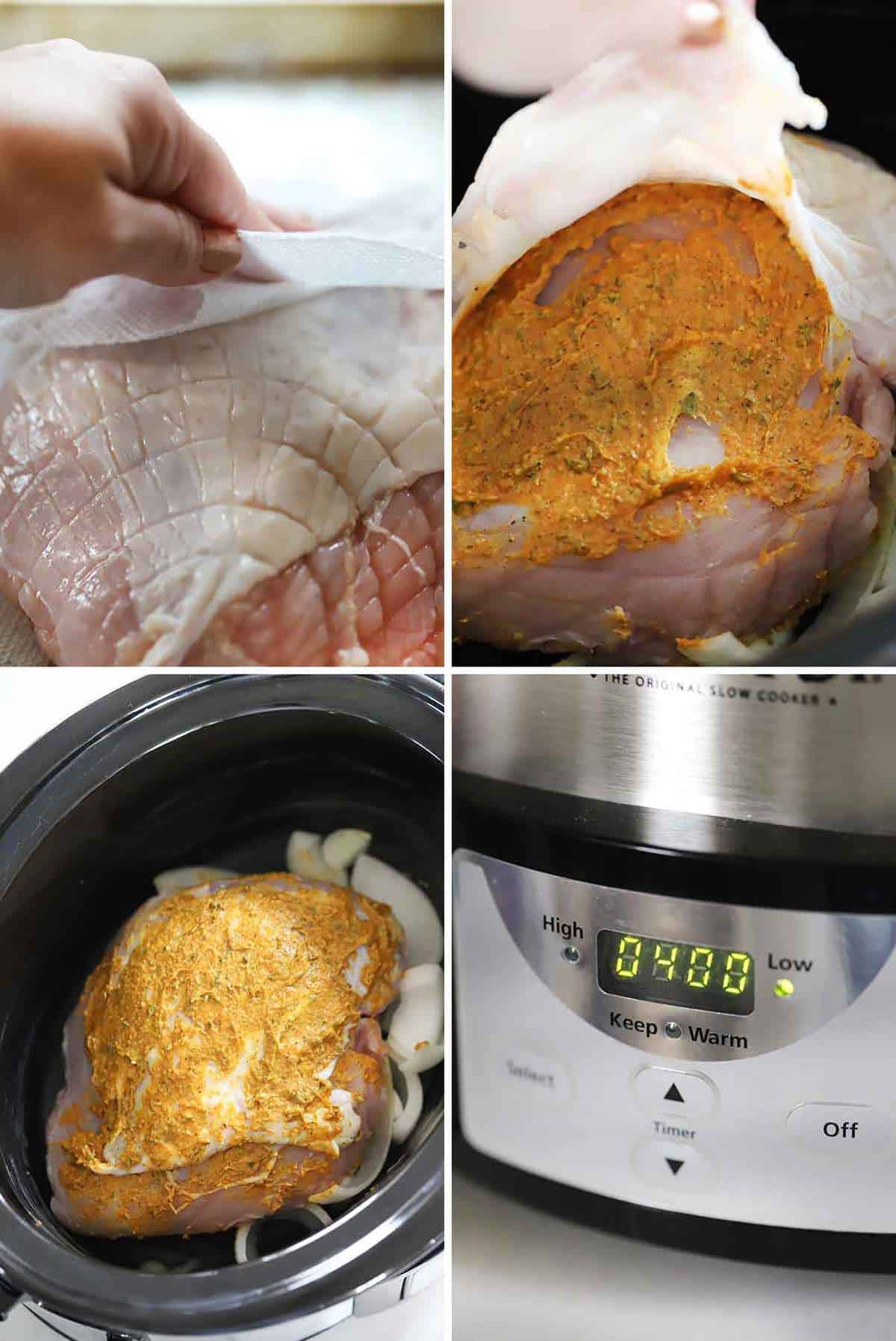 How to prepare a boneless turkey breast to cook in the slow cooker.