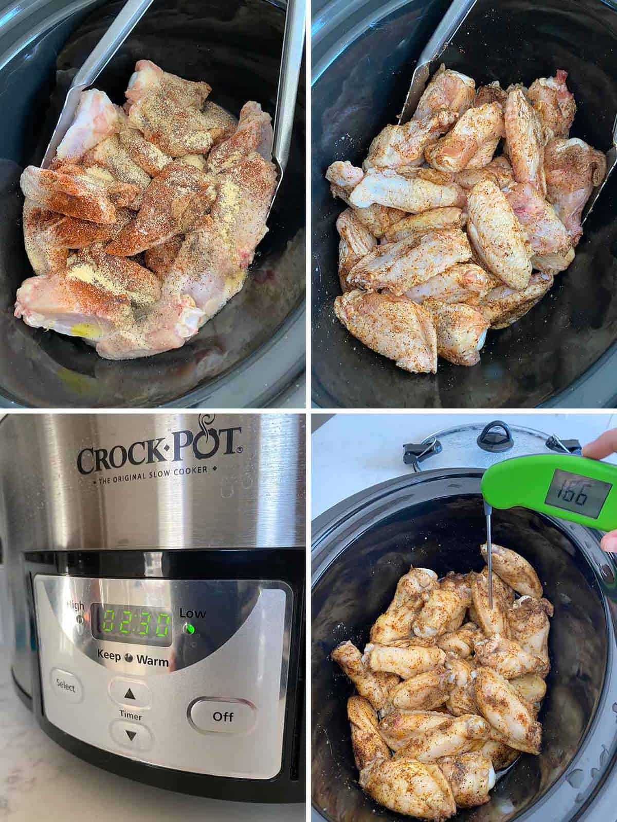 Process collage showing how to season chicken wings and cook in the slow cooker.