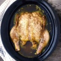 A slow cooker with a whole chicken and chicken stock in it.
