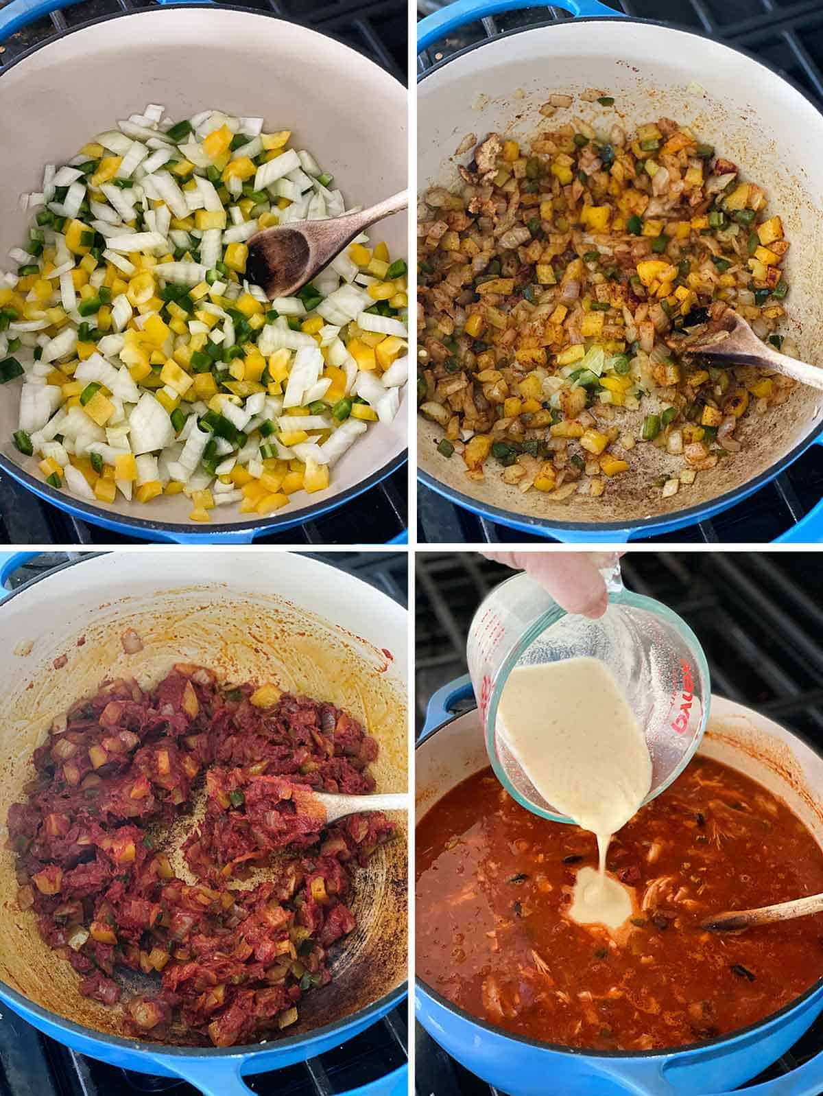 Process collage showing how to make tortilla soup with a masa slurry to thicken it.