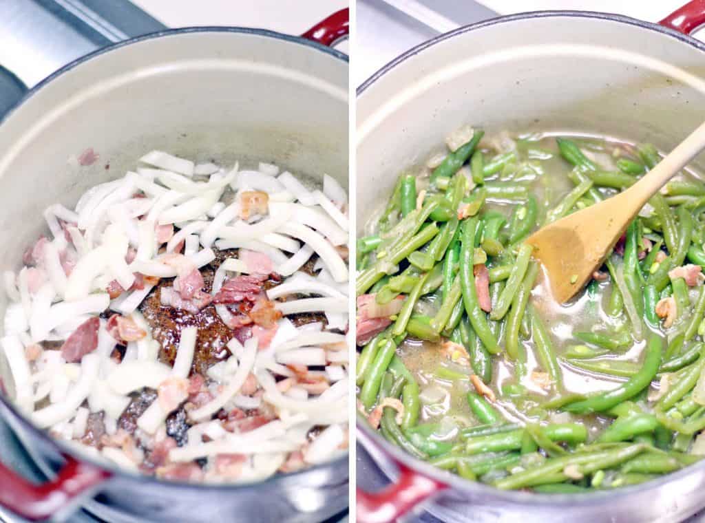 These Southern Style Green Beans are easy and melt-in-your mouth delicious- they're smoky from the bacon and super savory from simmering to perfection in chicken broth! YUM.