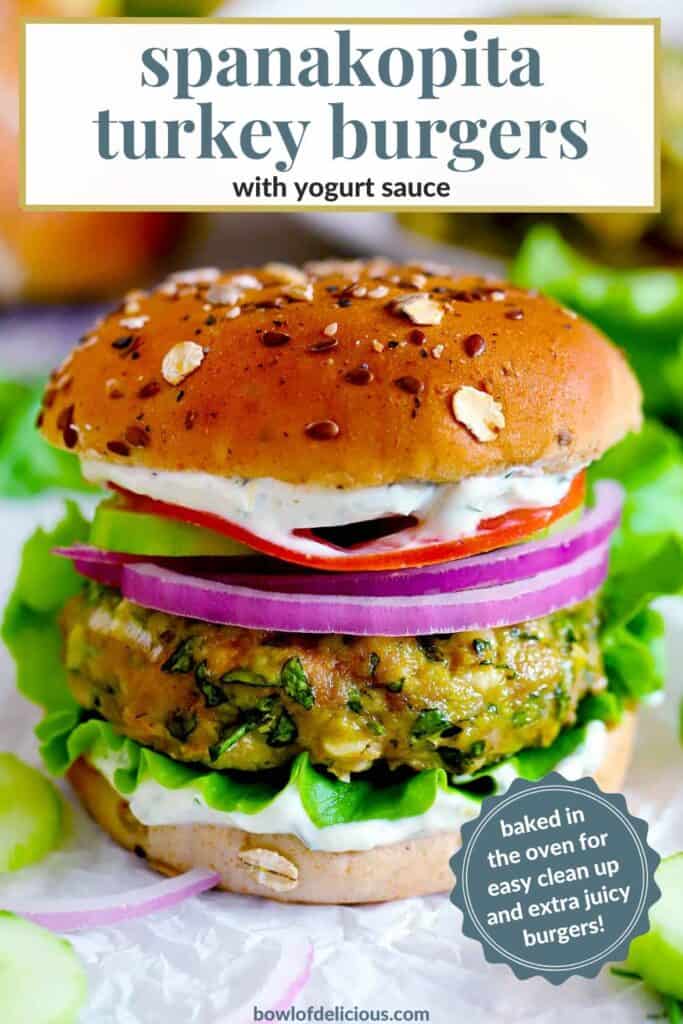 Pinterest image for spanakopita turkey burgers.