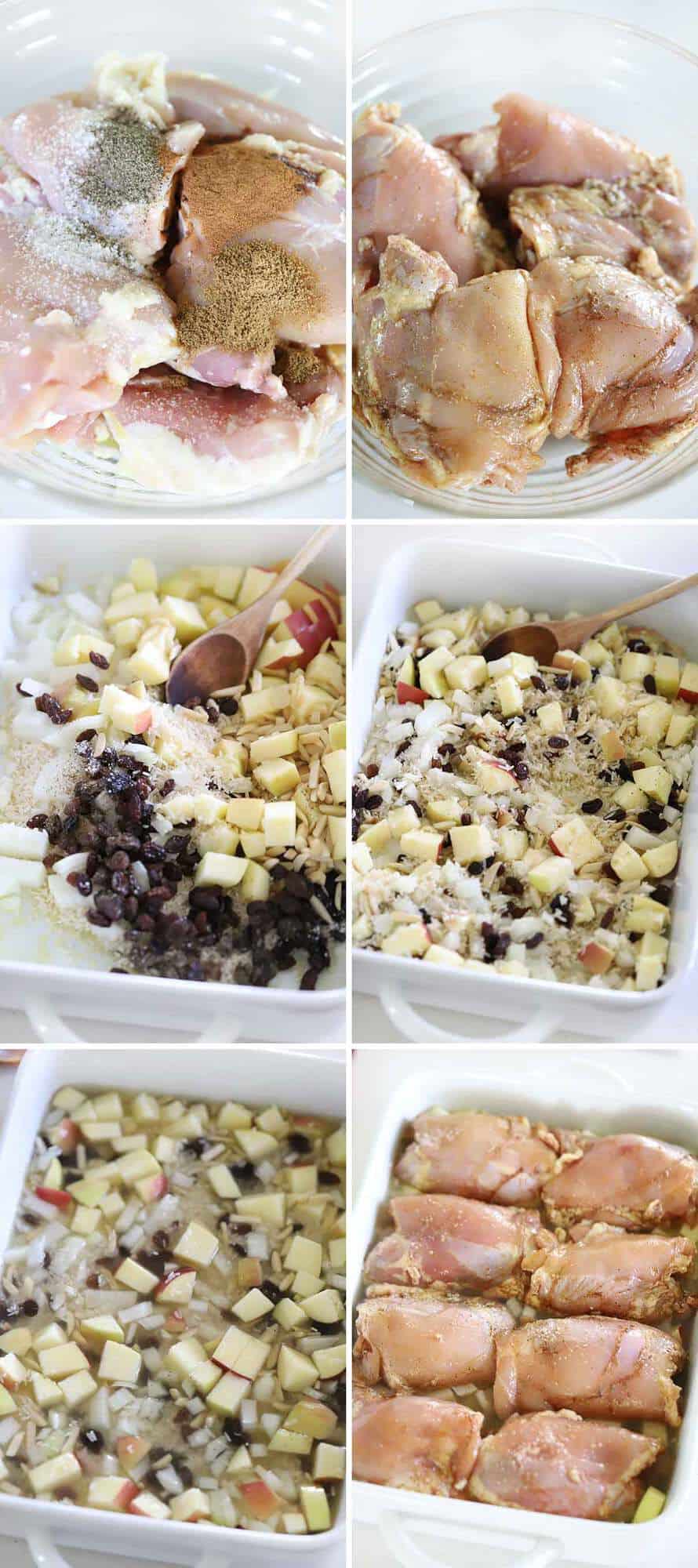 A photo collage showing the process of making spiced chicken and rice in a baking dish.