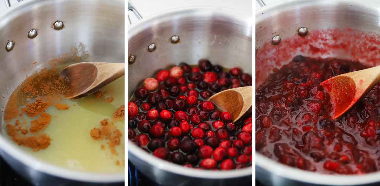A photo collage showing how to make fresh cranberry sauce with orange juice, cinnamon, and brown sugar in a pot.