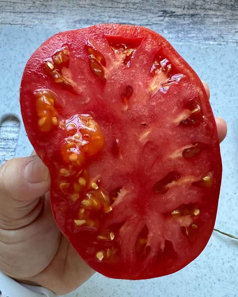 Squeezing seeds out of a half of a tomato.