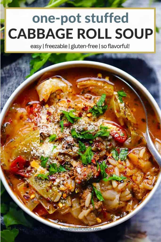 Pinterest image for stuffed cabbage roll soup.