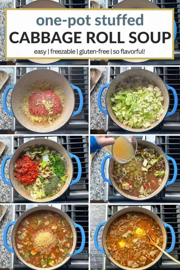 Pinterest image for stuffed cabbage roll soup.