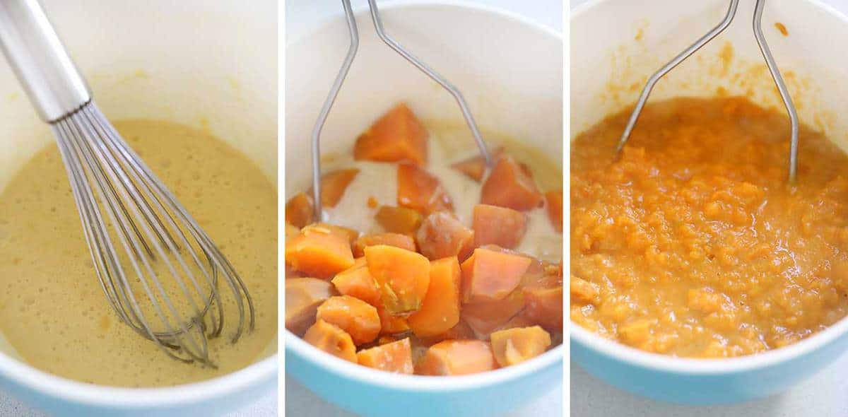 Mashing sweet potatoes for filling of casserole.