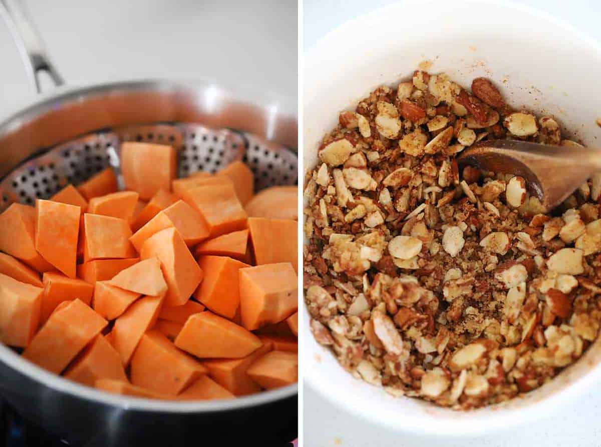 Steaming sweet potatoes and mixing a streusel topping with sliced almonds.