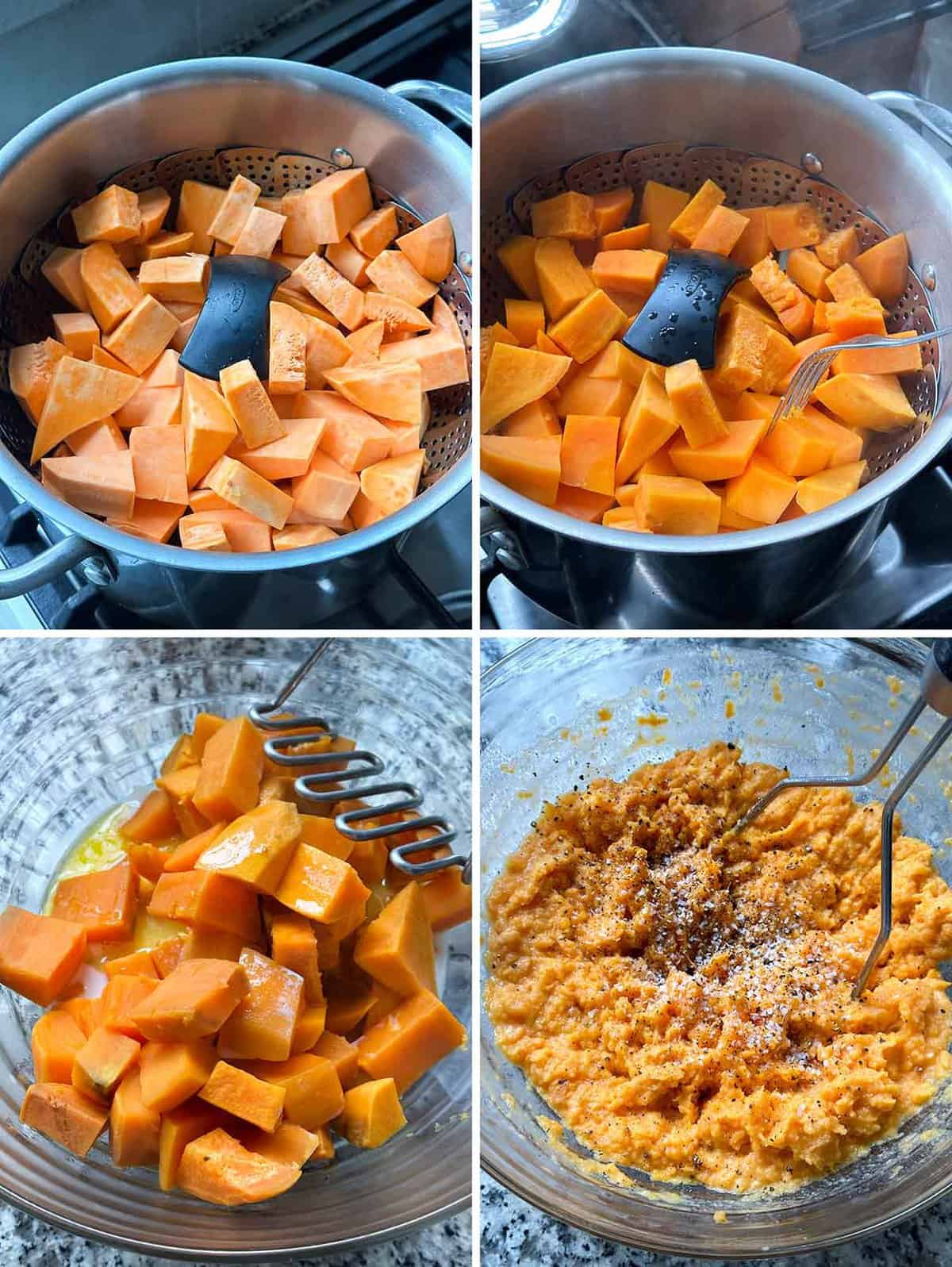 Steaming sweet potatoes and mashing them to top shepherd's pie.