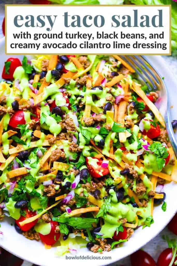 Pinterest image for taco salad with ground turkey and black beans.