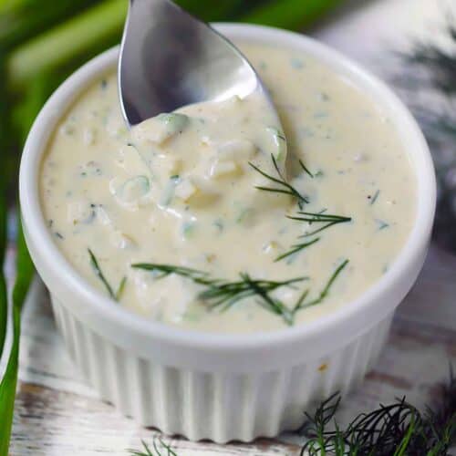 Square photo of homemade tartar sauce.