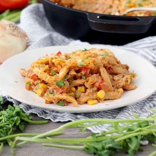 A plate with tex mex tuna noodle casserole on it.