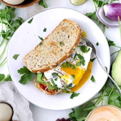 This Vegetarian Breakfast Sandwich Recipe is my absolute favorite. Features smashed avocado, Sriracha mayo, and a perfect sunny-side-up egg, with a little lime juice, cilantro, and red onion for extra flavor. It's easy to make for a hearty weekend breakfast or brunch!