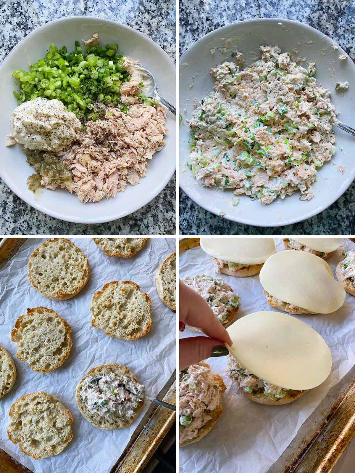 Process collage showing mixing tuna salad and making tuna melts.
