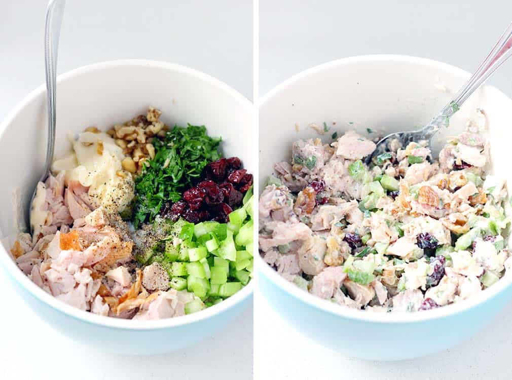 This is the perfect recipe to use up your leftover turkey from Thanksgiving! Turkey salad with cranberries and walnuts make up this creamy, cold, and light salad. Chicken can easily be substituted for turkey. | www.bowlofdelicious.com