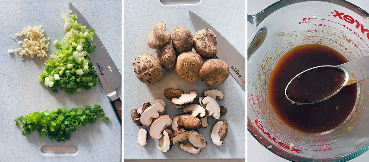 Sliced green onions, garlic, shiitake mushrooms, and stir fry sauce prepped.