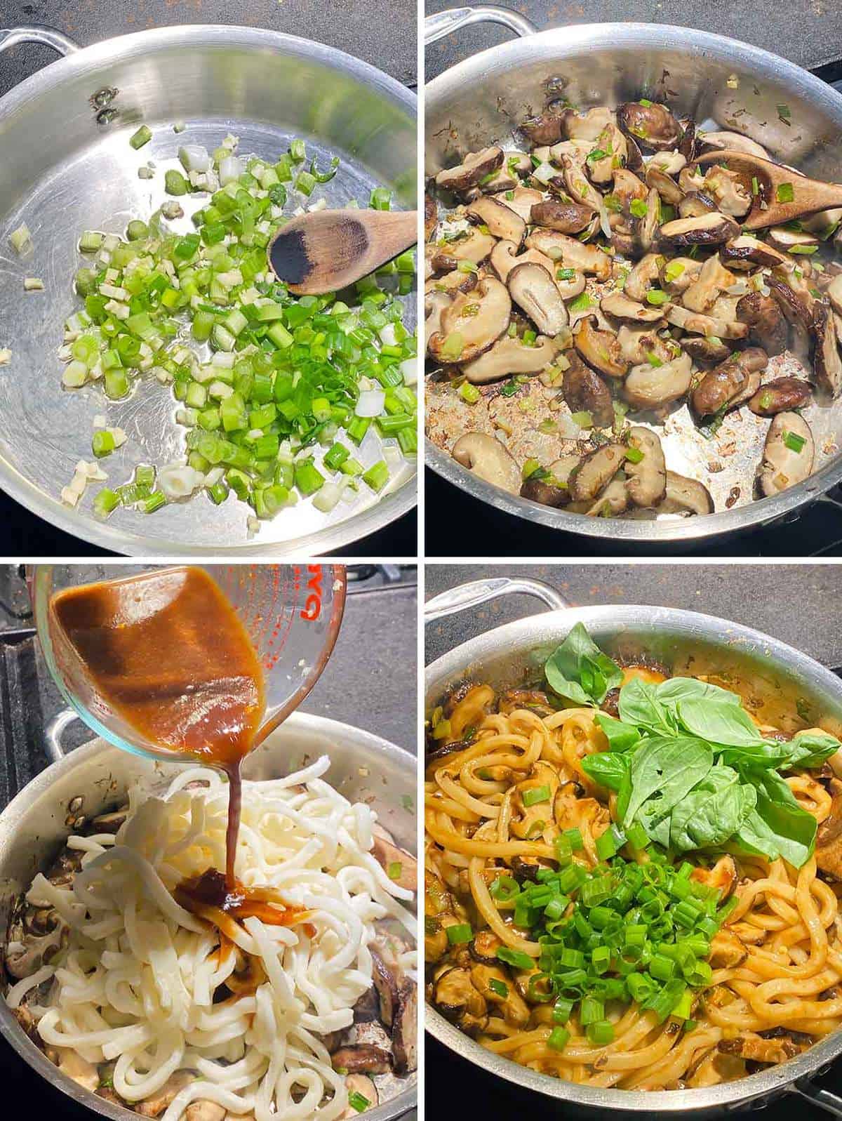 Process collage showing sautéing ingredients for udon noodle stir fry in a skillet.