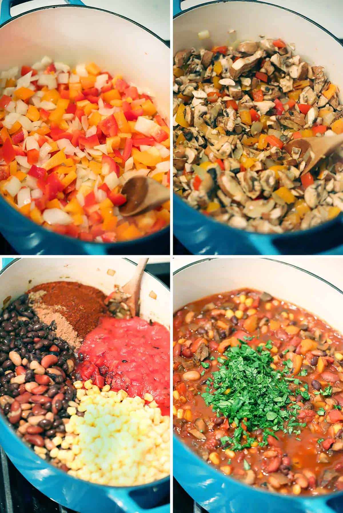 A photo collage showing how to make vegetarian chili.