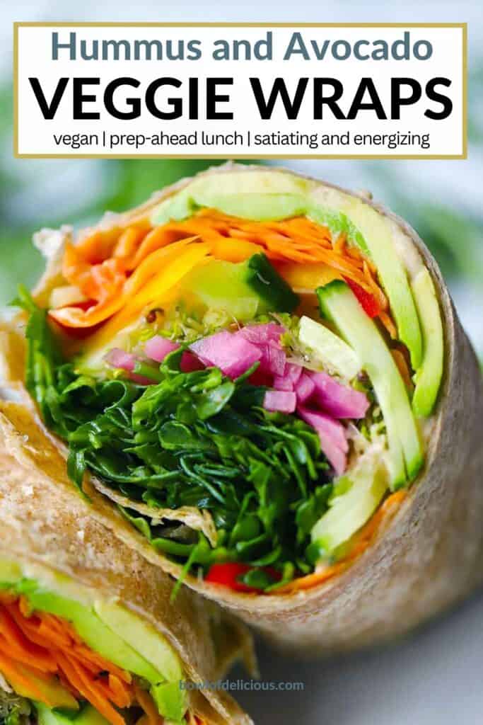 Pinterest image for veggie wraps with hummus and avocado.