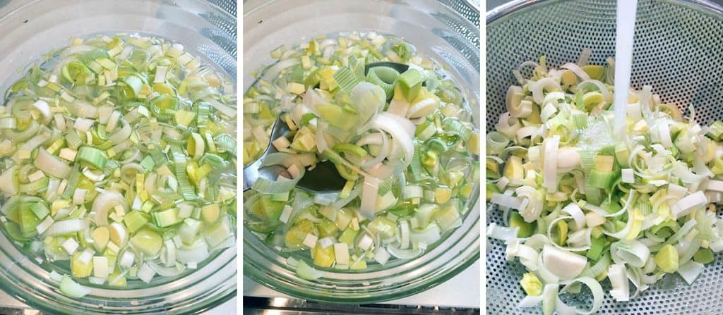 An image collage showing how to wash leeks by soaking in water then rinsing in a colander.
