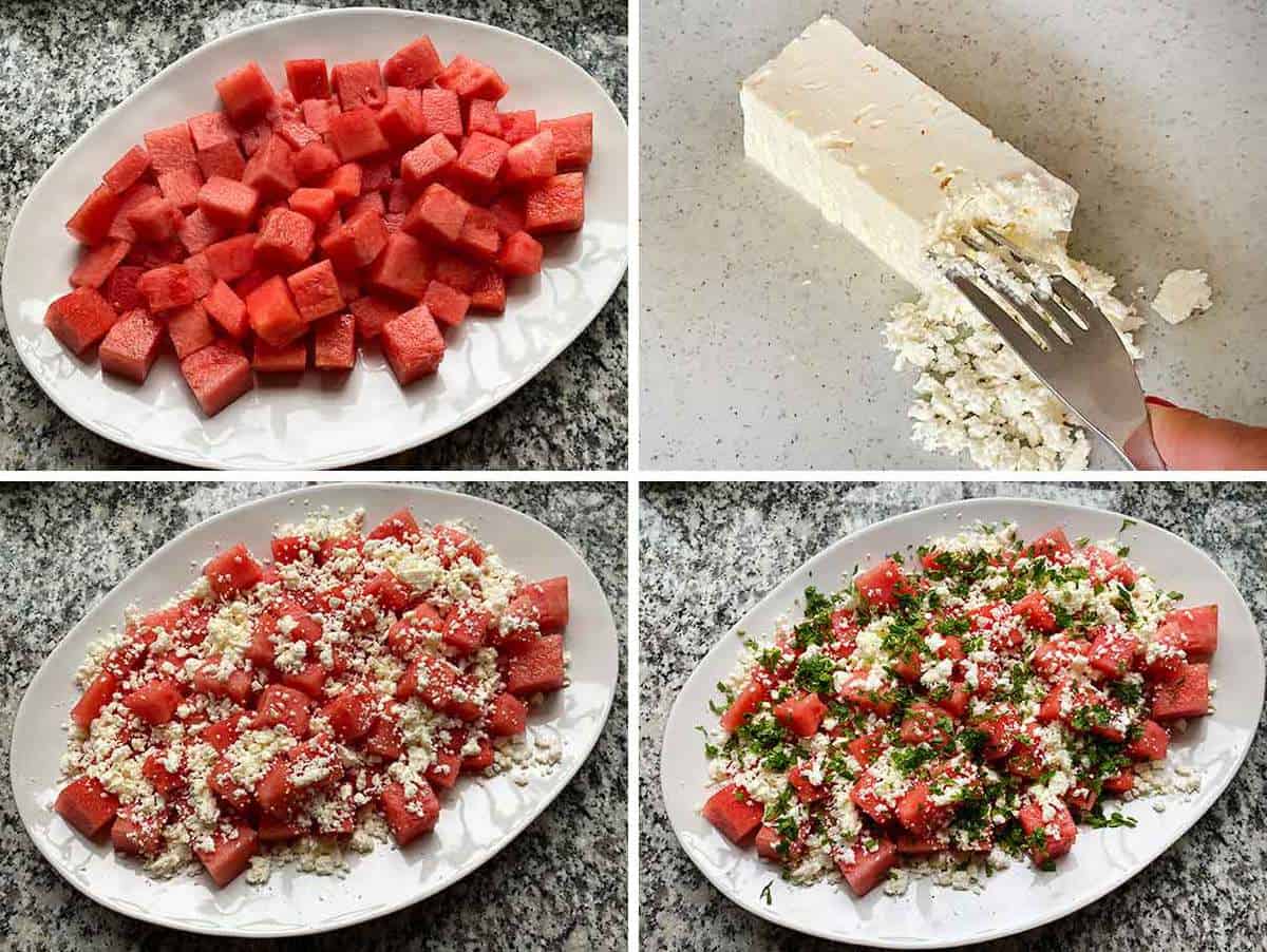 Process collage showing assembling a watermelon feta mint salad and crumbling feta with a fork.