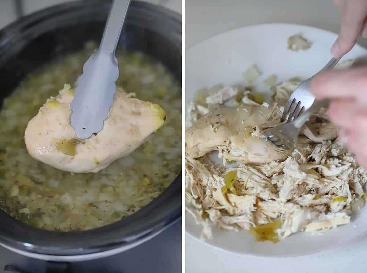 Removing a chicken breast from a slow cooker and shredding it with two forks/